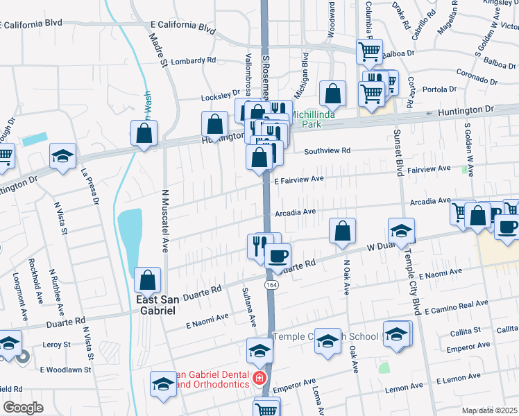 map of restaurants, bars, coffee shops, grocery stores, and more near 8939 Arcadia Avenue in San Gabriel