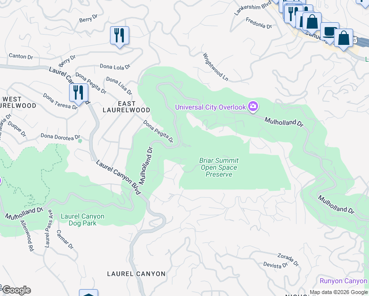 map of restaurants, bars, coffee shops, grocery stores, and more near 7972 Mulholland Drive in Los Angeles