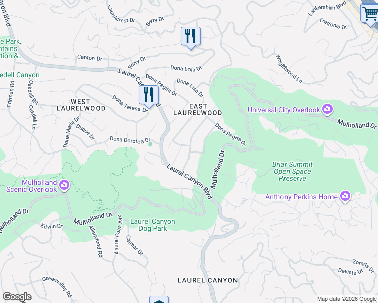 map of restaurants, bars, coffee shops, grocery stores, and more near 3043 Dona Emilia Drive in Los Angeles