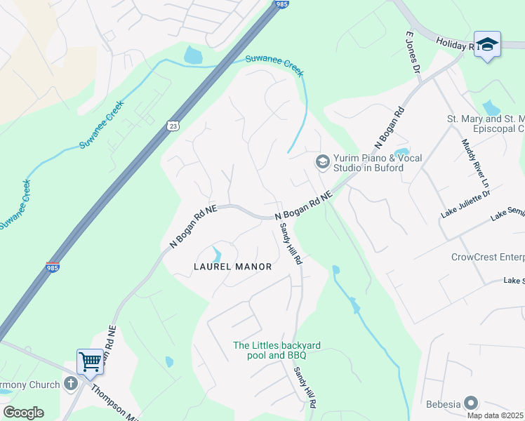 map of restaurants, bars, coffee shops, grocery stores, and more near 3179 Falls Crest Court in Buford