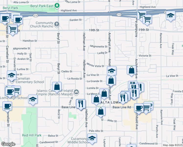 map of restaurants, bars, coffee shops, grocery stores, and more near 9358 La Vine Street in Rancho Cucamonga