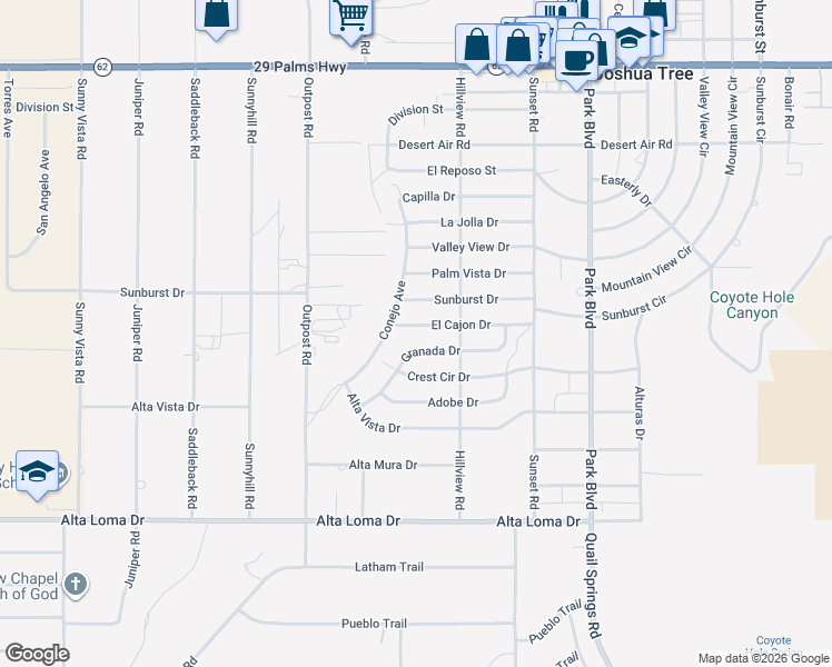 map of restaurants, bars, coffee shops, grocery stores, and more near 61493 El Cajon Drive in Joshua Tree