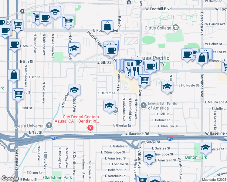 map of restaurants, bars, coffee shops, grocery stores, and more near 302 North Twintree Avenue in Azusa