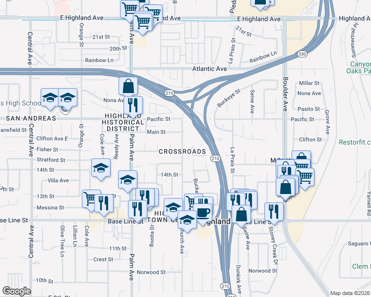 map of restaurants, bars, coffee shops, grocery stores, and more near in Highland