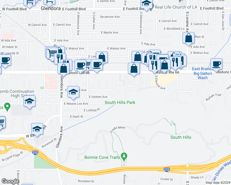 map of restaurants, bars, coffee shops, grocery stores, and more near 555 East Haltern Avenue in Glendora