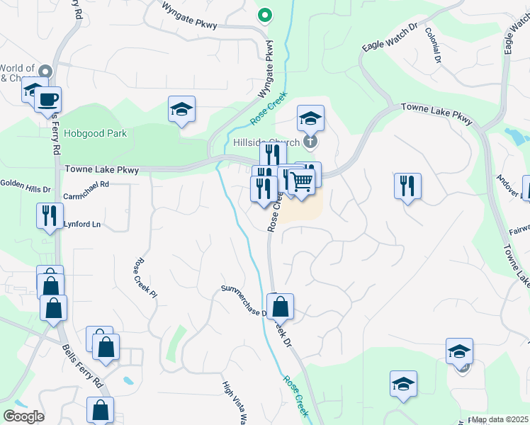 map of restaurants, bars, coffee shops, grocery stores, and more near 1025 Rose Creek Drive in Woodstock