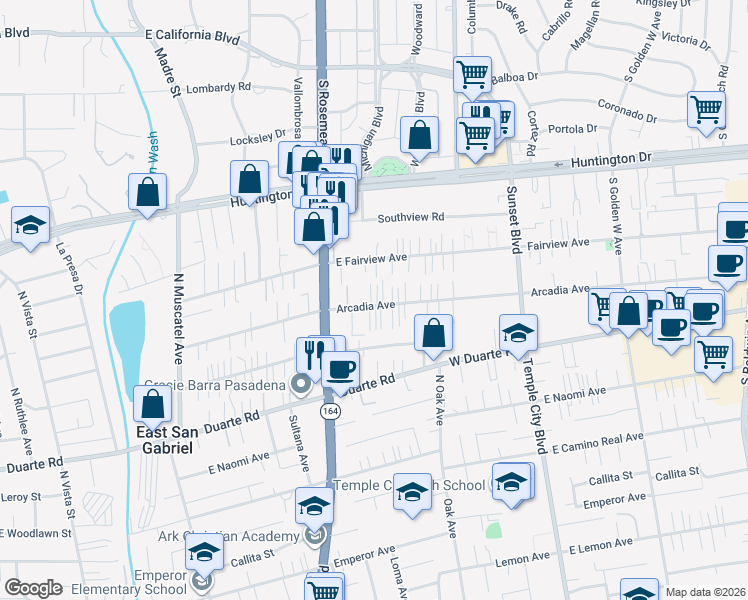 map of restaurants, bars, coffee shops, grocery stores, and more near 9051 East Arcadia Avenue in San Gabriel