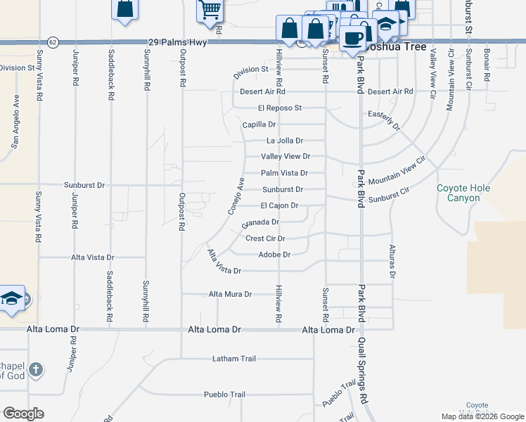map of restaurants, bars, coffee shops, grocery stores, and more near 61527 El Cajon Drive in Joshua Tree