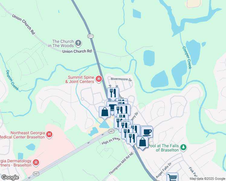 map of restaurants, bars, coffee shops, grocery stores, and more near 5723 Rivermoore Drive in Braselton