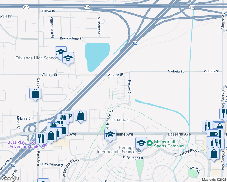 map of restaurants, bars, coffee shops, grocery stores, and more near 6974 Mallow Drive in Fontana