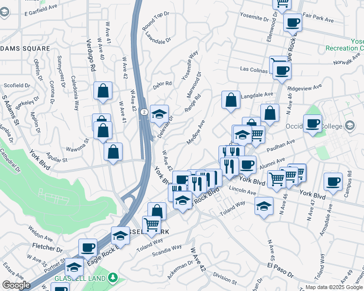 map of restaurants, bars, coffee shops, grocery stores, and more near 2718 Dicturn Street in Los Angeles