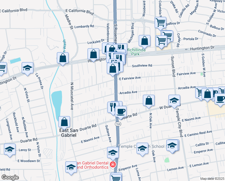 map of restaurants, bars, coffee shops, grocery stores, and more near 8939 Arcadia Avenue in San Gabriel