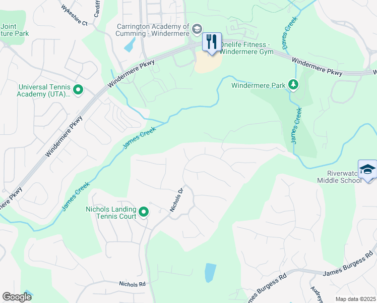 map of restaurants, bars, coffee shops, grocery stores, and more near 925 Rockbass Road in Suwanee
