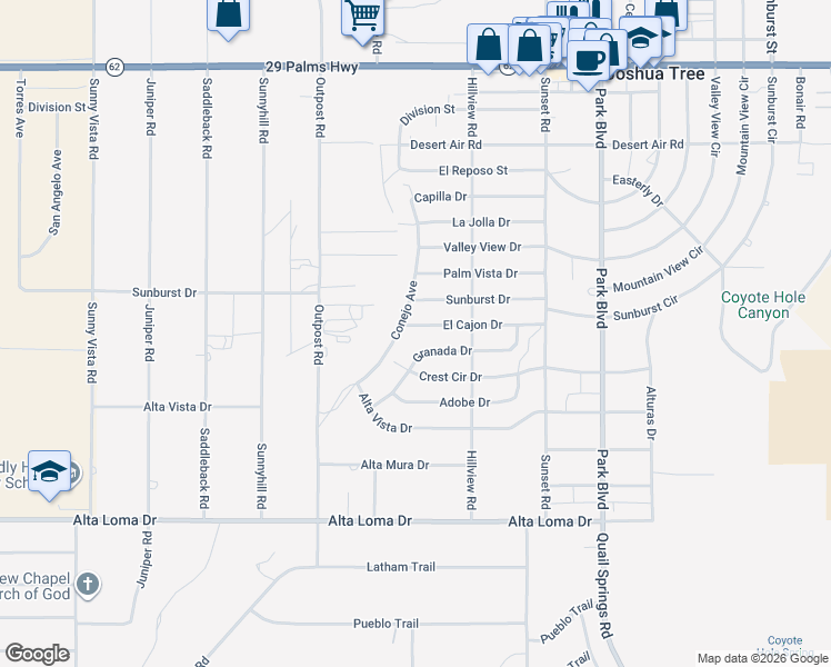 map of restaurants, bars, coffee shops, grocery stores, and more near 61493 El Cajon Drive in Joshua Tree