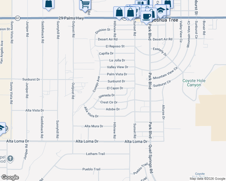 map of restaurants, bars, coffee shops, grocery stores, and more near 6988 Hillview Road in Joshua Tree
