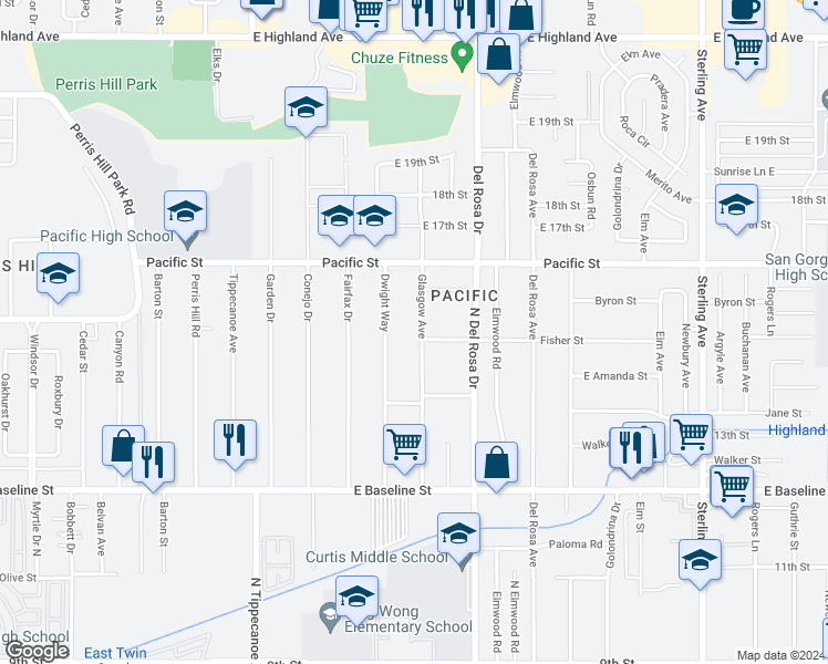 map of restaurants, bars, coffee shops, grocery stores, and more near 7016 Glasgow Avenue in San Bernardino