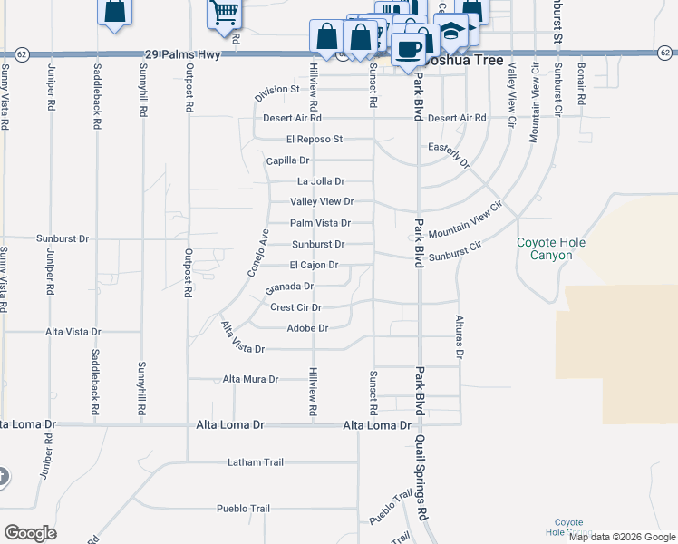 map of restaurants, bars, coffee shops, grocery stores, and more near 61627 El Cajon Drive in Joshua Tree