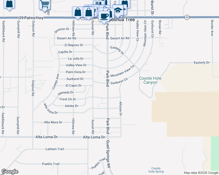 map of restaurants, bars, coffee shops, grocery stores, and more near 6967 Park Boulevard in Joshua Tree