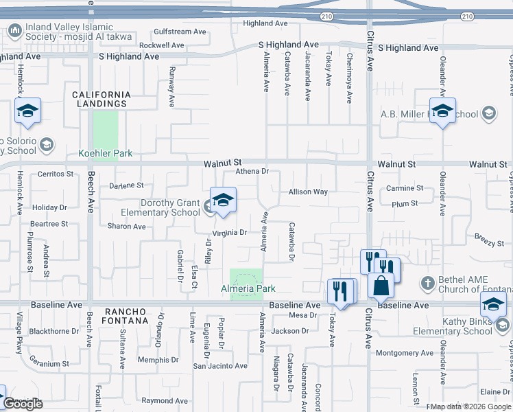 map of restaurants, bars, coffee shops, grocery stores, and more near 7002 Almeria Ave in Fontana