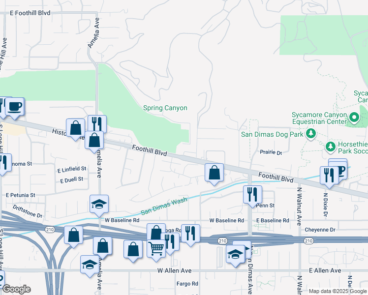 map of restaurants, bars, coffee shops, grocery stores, and more near 2676 Country Club Dr in Glendora