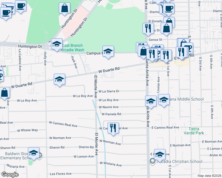 map of restaurants, bars, coffee shops, grocery stores, and more near 137 West La Sierra Drive in Arcadia