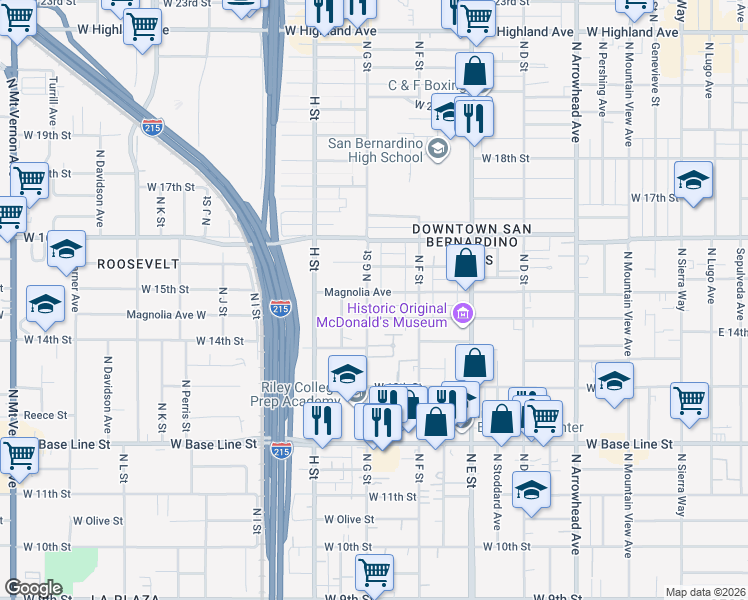 map of restaurants, bars, coffee shops, grocery stores, and more near 1477 North G Street in San Bernardino