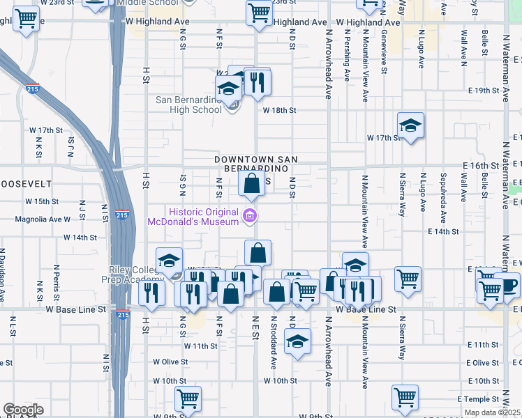 map of restaurants, bars, coffee shops, grocery stores, and more near in San Bernardino