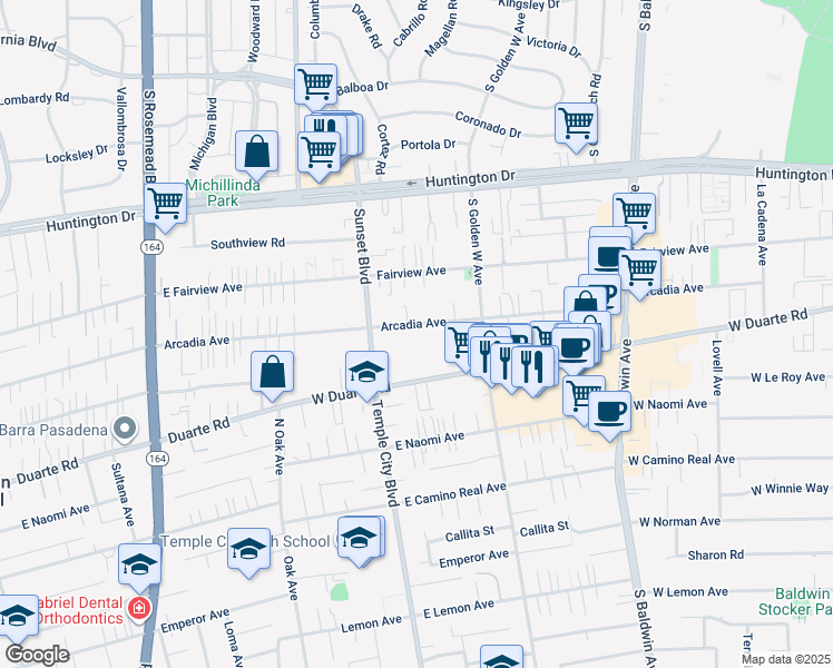 map of restaurants, bars, coffee shops, grocery stores, and more near 1006 Arcadia Avenue in Arcadia