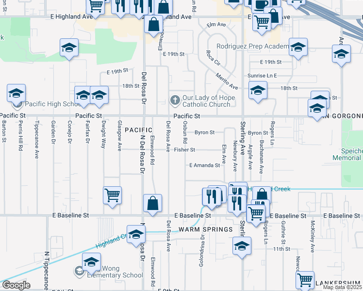 map of restaurants, bars, coffee shops, grocery stores, and more near 7018 Osbun Road in San Bernardino
