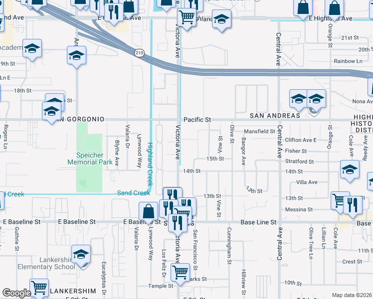 map of restaurants, bars, coffee shops, grocery stores, and more near Victoria Avenue in Highland