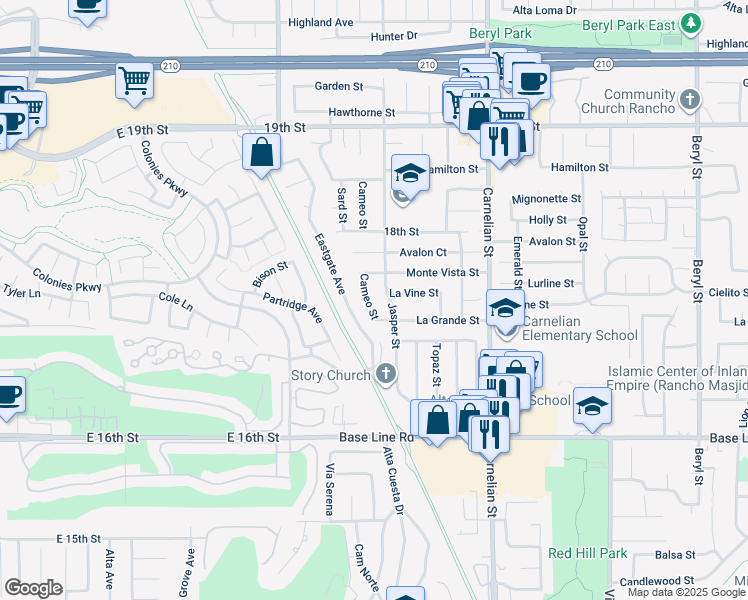 map of restaurants, bars, coffee shops, grocery stores, and more near 7041 Cameo Street in Rancho Cucamonga