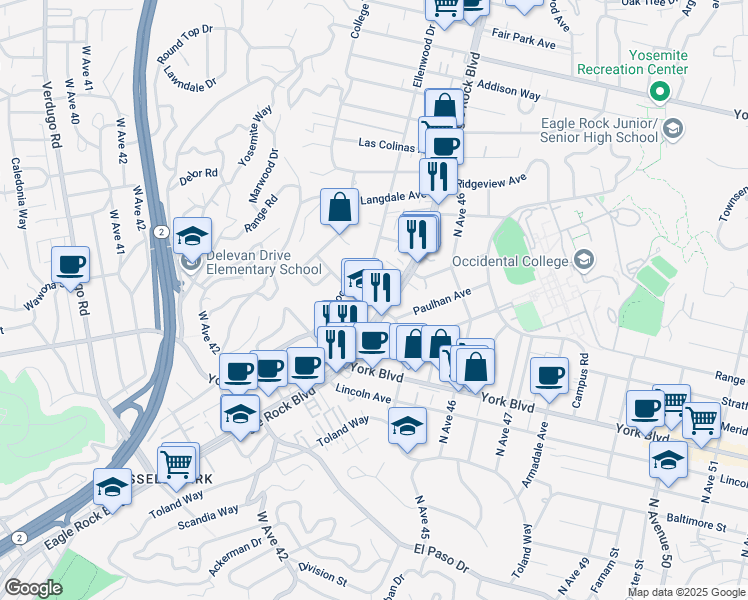 map of restaurants, bars, coffee shops, grocery stores, and more near 1610 North Avenue 45 in Los Angeles