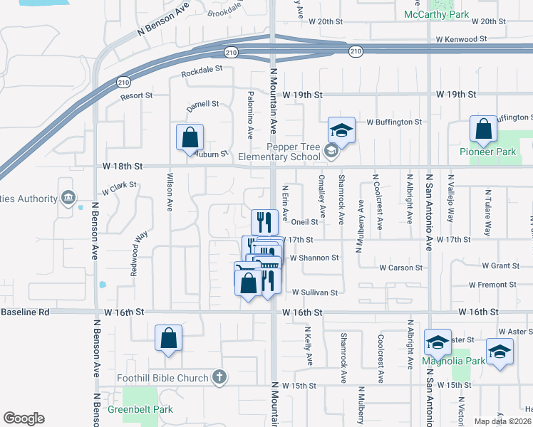 map of restaurants, bars, coffee shops, grocery stores, and more near 1213 Tamarisk Circle in Upland