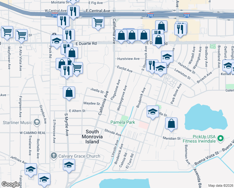 map of restaurants, bars, coffee shops, grocery stores, and more near 2122 Flagstone Avenue in Duarte