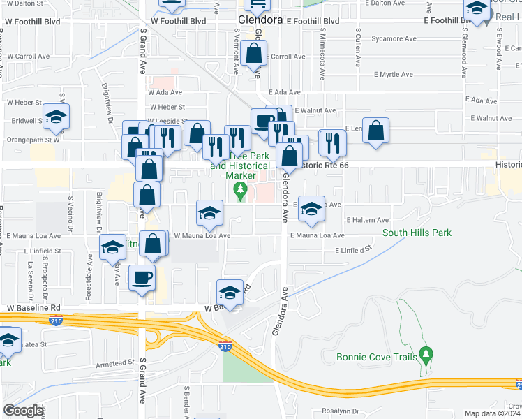 map of restaurants, bars, coffee shops, grocery stores, and more near 144 West Colorado Avenue in Glendora