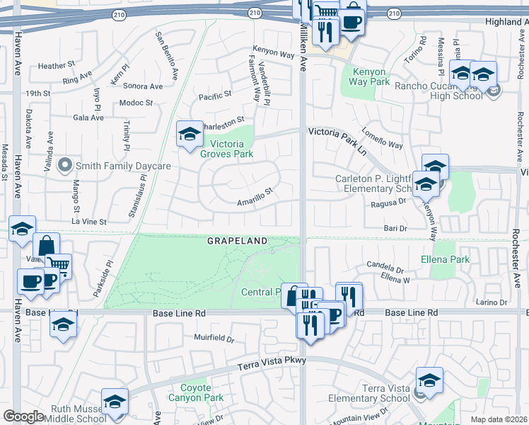map of restaurants, bars, coffee shops, grocery stores, and more near 7035 Chicago Court in Rancho Cucamonga