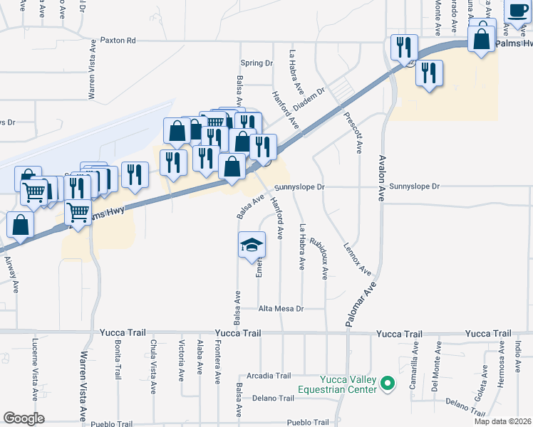map of restaurants, bars, coffee shops, grocery stores, and more near Emerson Avenue in Yucca Valley