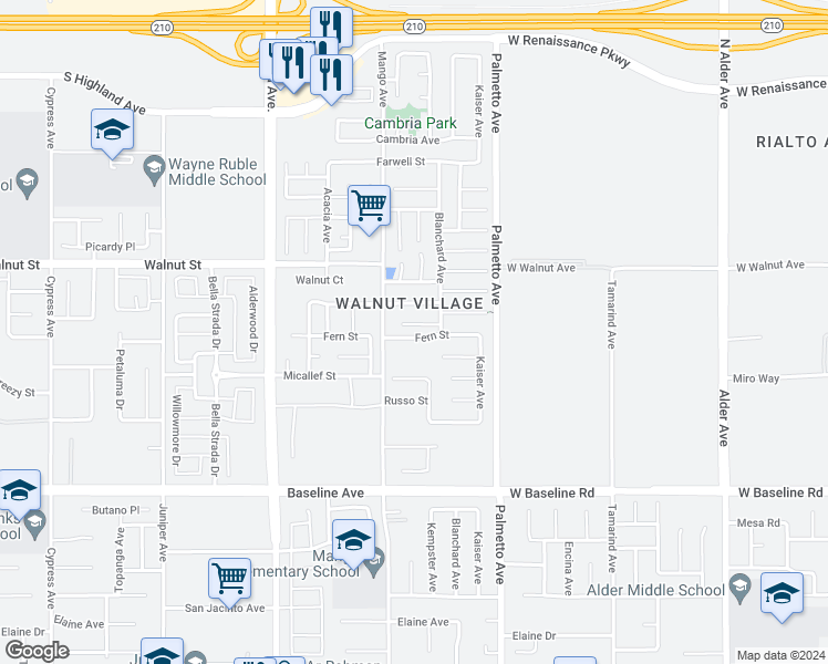 map of restaurants, bars, coffee shops, grocery stores, and more near 17152 Fern Street in Fontana