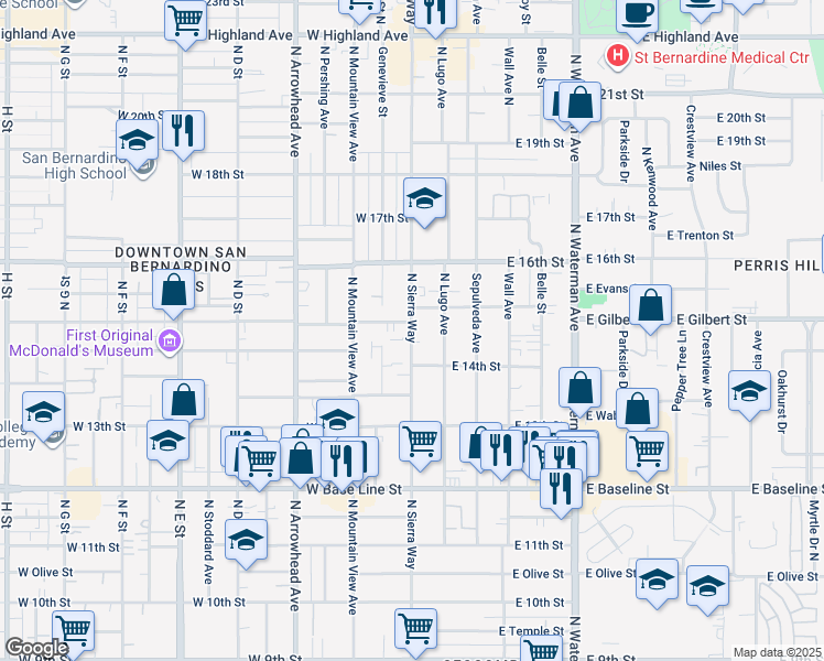 map of restaurants, bars, coffee shops, grocery stores, and more near 1457 N Sierra Way in San Bernardino