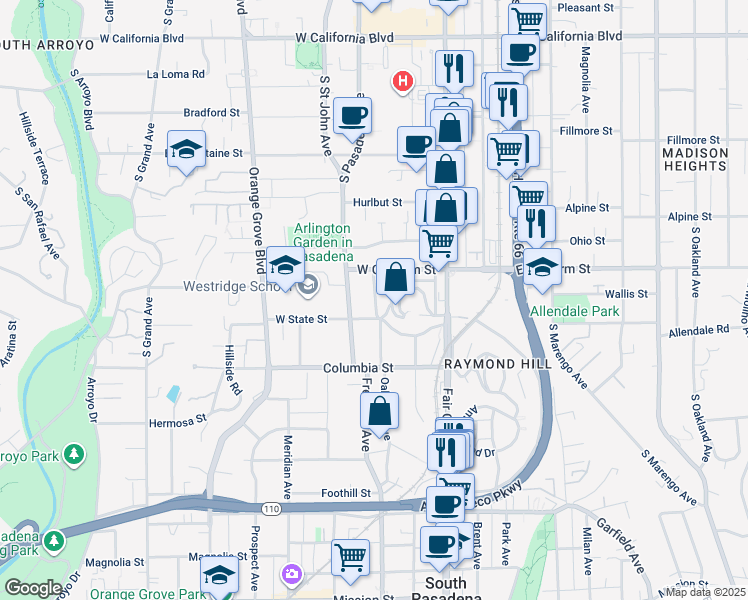 map of restaurants, bars, coffee shops, grocery stores, and more near 1115 Avoca Avenue in Pasadena
