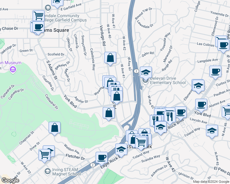map of restaurants, bars, coffee shops, grocery stores, and more near 4142 Verdugo Road in Los Angeles
