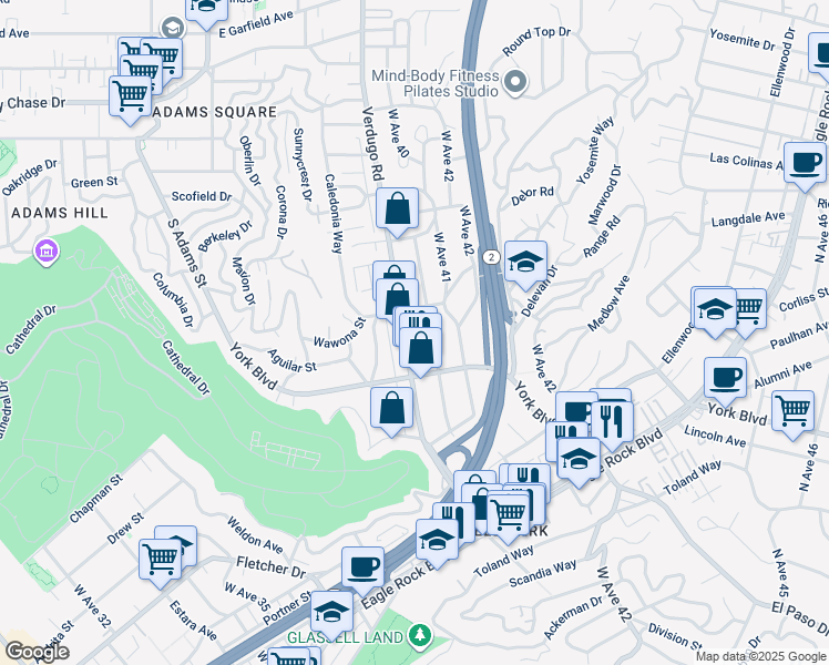 map of restaurants, bars, coffee shops, grocery stores, and more near 4142 Verdugo Road in Los Angeles