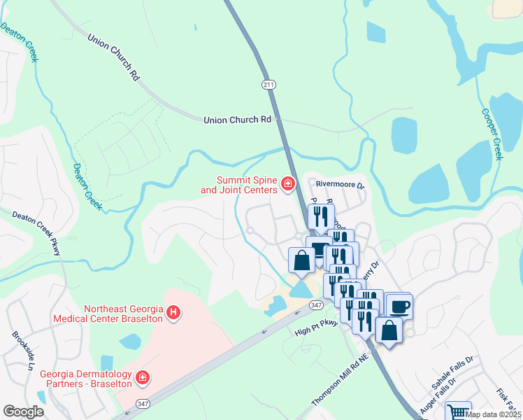 map of restaurants, bars, coffee shops, grocery stores, and more near 6013 Cloverfield Way in Braselton