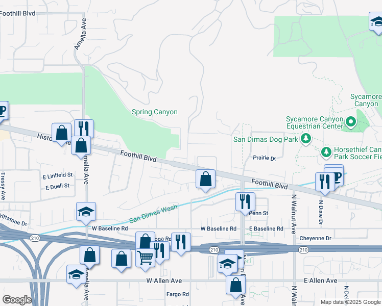 map of restaurants, bars, coffee shops, grocery stores, and more near 1332 N Cataract Ave in San Dimas