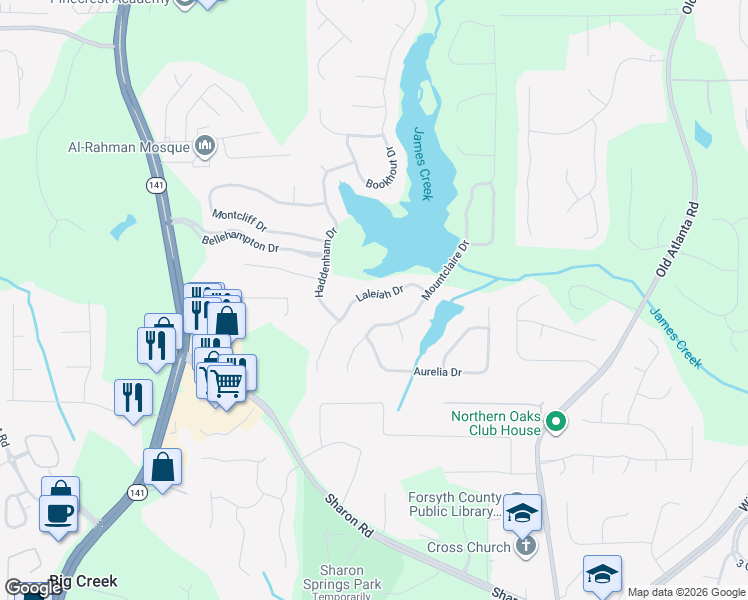 map of restaurants, bars, coffee shops, grocery stores, and more near 1505 Laleiah Drive in Cumming