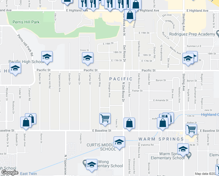 map of restaurants, bars, coffee shops, grocery stores, and more near 7020 Glasgow Avenue in San Bernardino