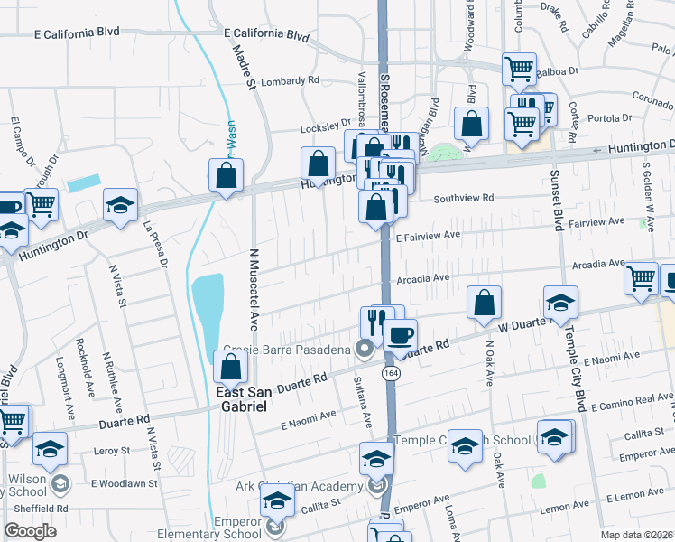 map of restaurants, bars, coffee shops, grocery stores, and more near 7030 North Lotus Avenue in San Gabriel