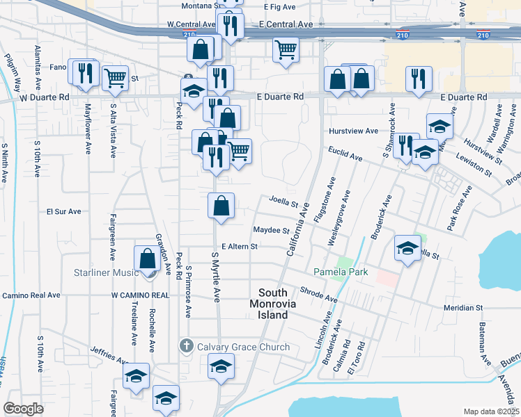 map of restaurants, bars, coffee shops, grocery stores, and more near 303 East El Sur Street in Monrovia