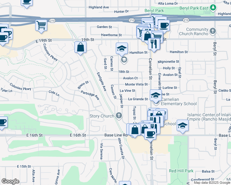 map of restaurants, bars, coffee shops, grocery stores, and more near 7041 Cameo Street in Rancho Cucamonga