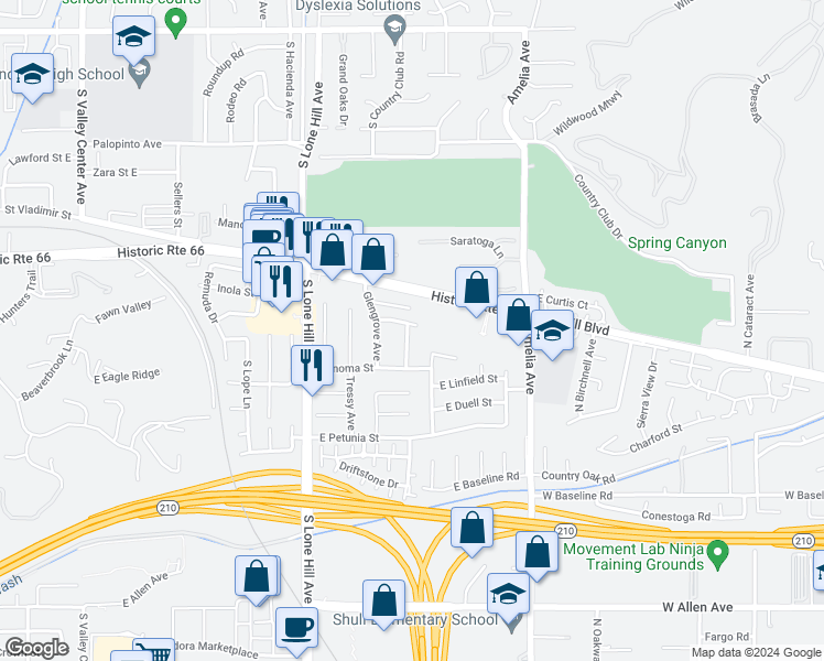 map of restaurants, bars, coffee shops, grocery stores, and more near 704 Danecroft Avenue in Glendora